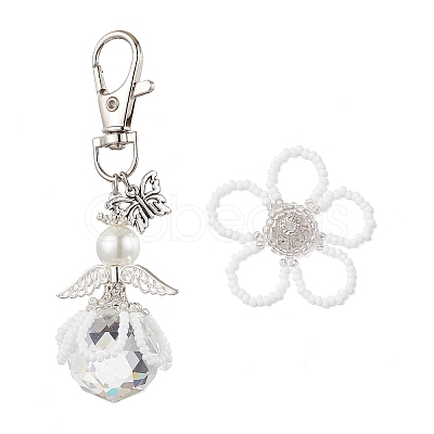 Flower Angel Glass Pearl & Glass Seed Pendant Decorations HJEW-MZ00239-01-1