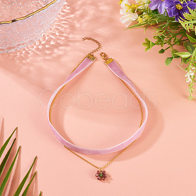Glass Beaded Flower Pendant Single Face Medium Orchid Velvet Ribbon & Brass Cable Chain Double Layered Choker Necklaces NJEW-TAC0041-1