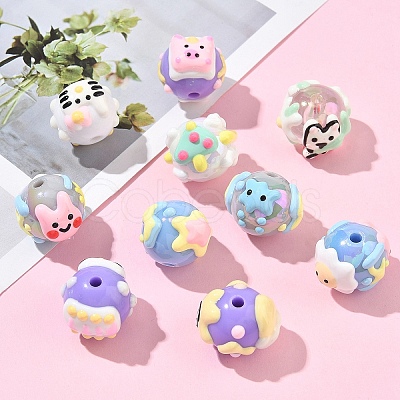 10Pcs 10 Styles Hand Painted Cartoon Opaque Acrylic with Enamel Beads MACR-YW0003-30-1