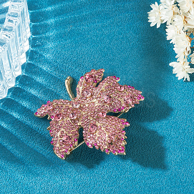 Autumn Maple Leaf Light Gold Alloy Rhinestone Brooch Pins JEWB-TADJ0001-01A-1