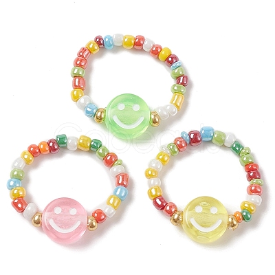 Glass Seed & Acrylic Smiling Face Beaded Stretch Ring RJEW-JR00575-1