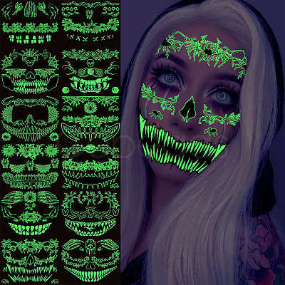 12Pcs 12 Style Luminous Halloween Horror Removable Temporary Tattoos Paper Face Stickers AJEW-G048-07-1