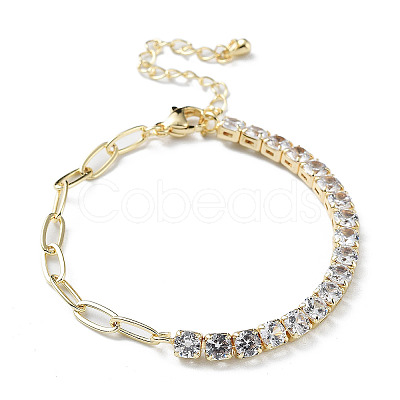 Brass Micro Pave Cubic Zirconia Strass & Paperclip Chain Bracelets BJEW-C052-04G-1