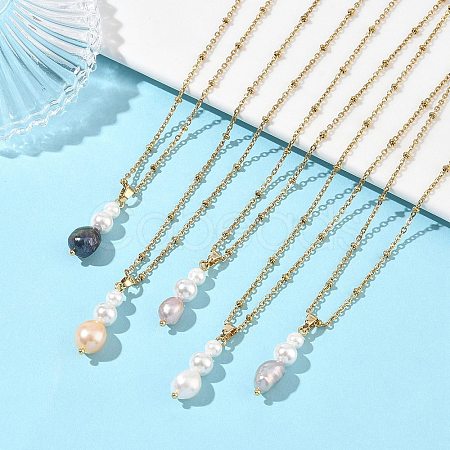 Ocean Natural Cultured Freshwater Pearl & Round Shell Pearl Beaded Pendant 304 Stainless Steel Satellite Chain Necklaces for Women NJEW-JN06039-1