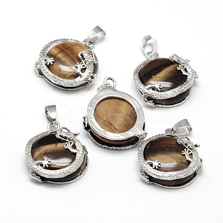 Flat Round with Dragon Platinum Tone Brass Natural Tiger Eye Pendants G-F228-24G-RS-1