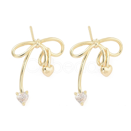 Heart Bowknot Brass Pave Clear Cubic Zirconia Stud Earrings for Women EJEW-S216-02A-G-1