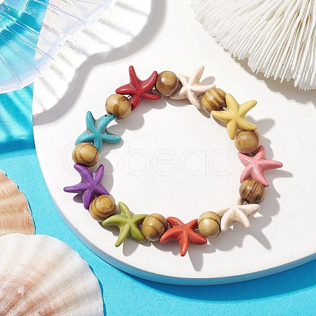 Beach Starfish Dyed Synthetic Turquoise Stretch Bracelets BJEW-JB10295-02-1