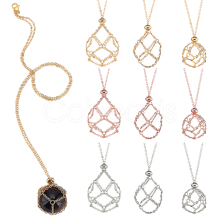 9Pcs 3 Colors Brass Macrame Pouch Necklaces NJEW-GA00005-1