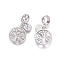 Brass Micro Pave Cubic Zirconia European Dangle Charms, Large Hole Pendants, Flat Round with Tree and Word Family, Clear, Platinum, 24.5mm, Flat Round: 8x6x1mm, Tree: 15x13x2mm, Hole: 5mm