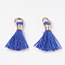 Polycotton(Polyester Cotton) Tassel Pendant Decorations, Mini Tassel, with Brass Findings, Light Gold, Blue, 10~15x3~4mm, Hole: 2mm