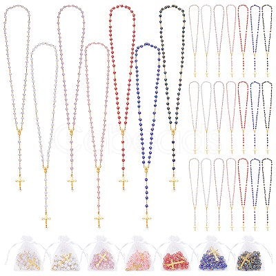 42Pcs 7 Colors Alloy & Round Plastic Link Chain Rosary Bead Necklaces NJEW-WA0001-05-1