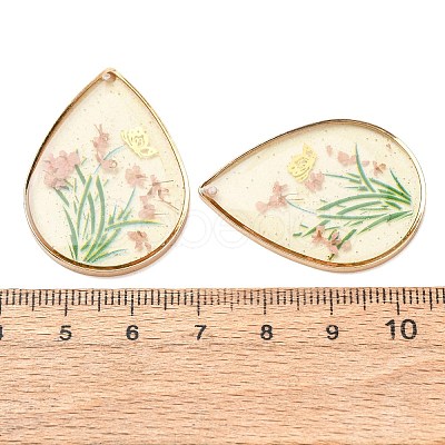 Brass & Transparent Epoxy Resin & Dried Flower Pendants RESI-G133-02G-1