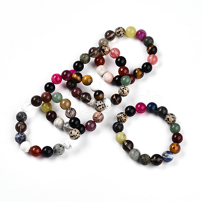 Natural Mixed Gemstone Round Beads Stretch Bracelets for Women Men G-T141-20-1