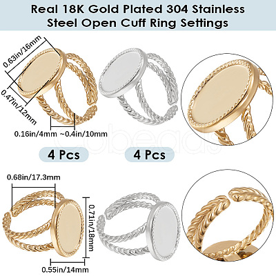 8Pcs 2 Colors 304 Stainless Steel Open Cuff Ring Settings RJEW-BBC0001-26-1