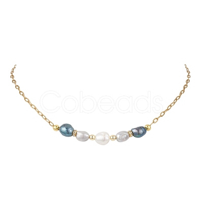 Natural Pearl Rice Beaded Necklaces with 304 Stainless Steel Paperclip Chains NJEW-JN05977-01-1