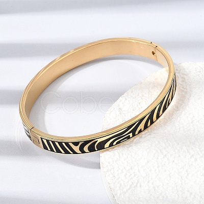 304 Stainless Steel Black Enamel Zebra Skin Print Hinged Cuff Bangles for Women SA-CBAC920-03G-1