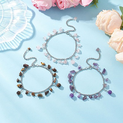 3Pcs 304 Stainless Steel Natural Mixed Gemstone Chips Charm Bracelets BJEW-JB12376-1
