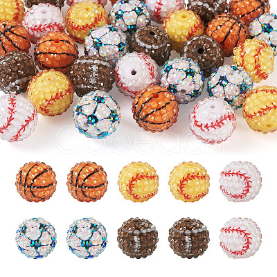 30Pcs 5 Style Basketball & Football & Baseball Pattern Resin Rhinestone Beads RESI-TA0001-77-1