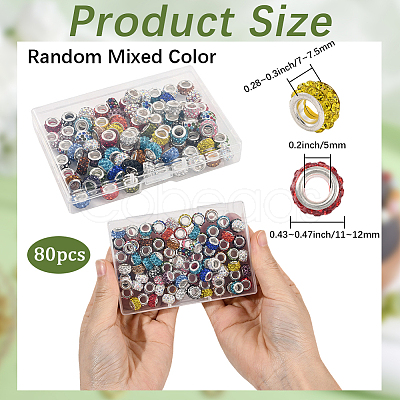 80Pcs Polymer Clay Rhinestone European Large Hole Beads with Silver Color Plated Brass Cores FPDL-LT0001-02F-1