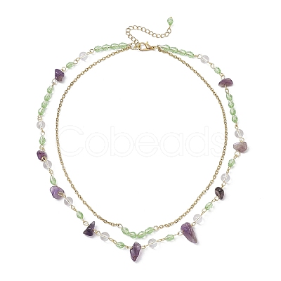 Natural Amethyst Chip & Glass & 304 Stainless Steel Handmade Link Chain Double Layer Necklaces for Women NJEW-JN05363-02-1