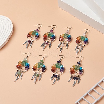 Natural & Synthetic Mixed Gemstone Chips Tree of Life with Alloy Feather Chandelier Earrings EJEW-JE05213-1