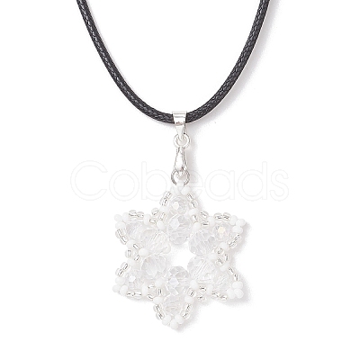 Electroplate Glass & TOHO Round Seed Beaded Snowflake Pendant Black Waxed Cotton Cord Necklaces for Women NJEW-MZ00125-1