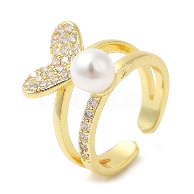 Rack Plating Brass Heart Open Cuff Ring with Cubic Zirconia RJEW-M151-03G-1