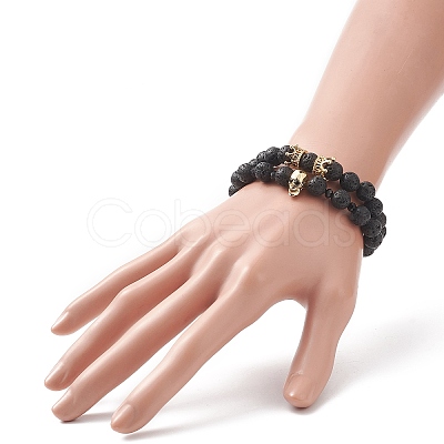 2Pcs 2 Style Natural Lava Rock & Brass Beaded Stretch Bracelets Set BJEW-JB09244-04-1