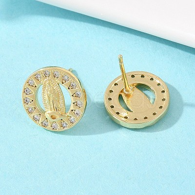 Brass Micro Pave Clear Cubic Zirconia Virgin Mary Stud Earrings EJEW-F400-23A-G-1
