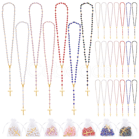 42Pcs 7 Colors Alloy & Round Plastic Link Chain Rosary Bead Necklaces NJEW-WA0001-05-1