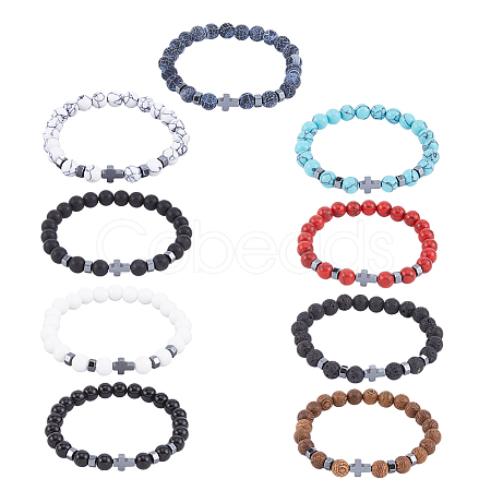 9Pcs 9 Style Natural & Synthetic Mixed Stone & Synthetic Hematite Cross Beaded Stretch Bracelets Set BJEW-FI0001-49-1