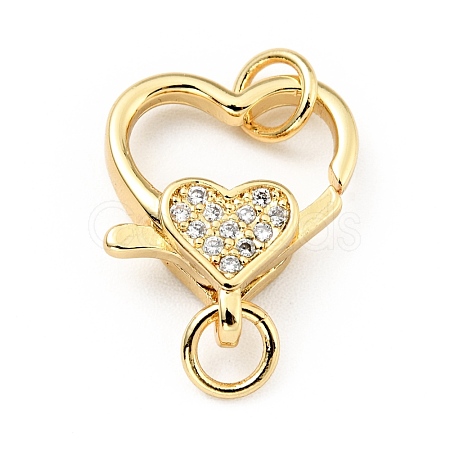 Brass Micro Pave Clear Cubic Zirconia Heart Lobster Claw Clasps KK-G416-35G-1