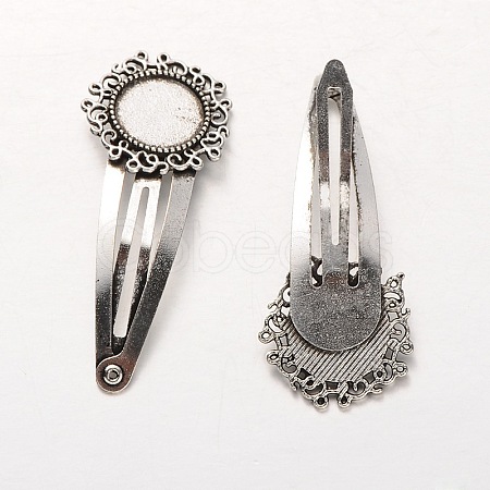 Flower Iron Snap Hair Clips with Tibetan Style Alloy Round Trays X-MAK-J002-04AS-1