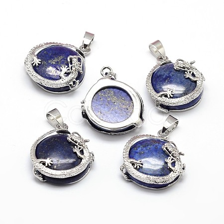 Flat Round with Dragon Platinum Tone Brass Dyed & Heated Natural Lapis Lazuli Pendants G-F228-24D-RS-1