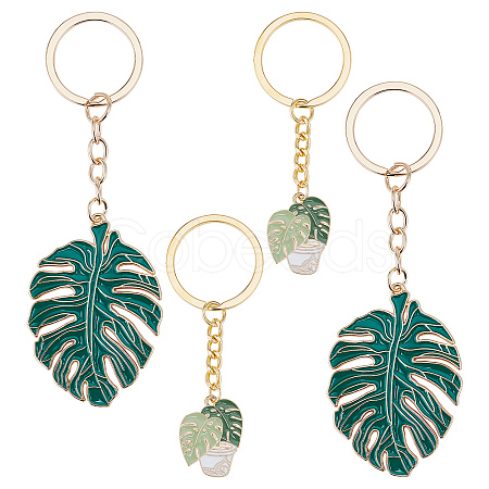 4Pcs 2 Style Monstera Leaf Alloy Enamel Pendant Keychain KEYC-CP0001-18-1