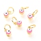 Brass Enamel Pendants, Long-Lasting Plated, Real 18K Gold Plated, with Jump Rings, Column with Evil Eye, Pink, 5x3.5x4.5mm,Jump Ring: 5x0.6mm, 3mm inner diameter.