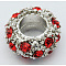 Alloy Rhinestone European Beads, Large Hole Beads, Rondelle, Platinum Metal Color, Light Siam, 11x6mm, Hole: 5mm