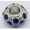 Alloy Rhinestone European Beads, Large Hole Beads, Rondelle, Platinum Metal Color, Sapphire, 11x6mm, Hole: 5mm