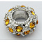 Alloy Rhinestone European Beads, Large Hole Beads, Rondelle, Platinum Metal Color, Topaz, 11x6mm, Hole: 5mm