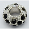 Alloy Rhinestone European Beads, Large Hole Beads, Rondelle, Platinum Metal Color, Jet, 11x6mm, Hole: 5mm