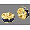 Brass Rhinestone Spacer Beads, Grade A, Wavy Edge, Golden Metal Color, Rondelle, Sapphire, 6x3mm, Hole: 1mm