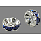 Brass Rhinestone Spacer Beads, Grade A, Wavy Edge, Silver Color Plated, Rondelle, Sapphire, 6x3mm, Hole: 1mm