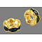 Brass Rhinestone Spacer Beads, Grade A, Wavy Edge, Golden Metal Color, Rondelle, Emerald, 6x3mm, Hole: 1mm