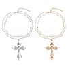 2Pcs 2 Styles Iron & Alloy Cross Big Pendant Plastic Pearl Link Chain Double Layered Necklaces NJEW-ME0001-23-1