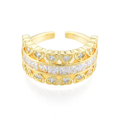 Cubic Zirconia Heart Open Cuff Ring RJEW-N035-137A-1