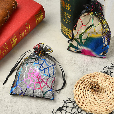 Halloween Theme Spider Printed Organza Drawstring Bags ABAG-WH20021-006F-1