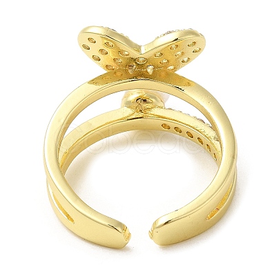 Rack Plating Brass Heart Open Cuff Ring with Cubic Zirconia RJEW-M151-03G-1