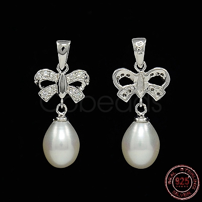 Anti-Tarnish Bowknot and Teardrop Rhodium Plated 925 Sterling Silver Pearl Pendants STER-N011-11-1