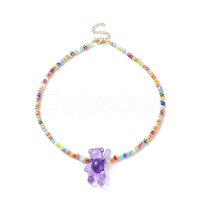Acrylic Bear & Glass Seed Beaded Necklace for Women NJEW-JN03930-1