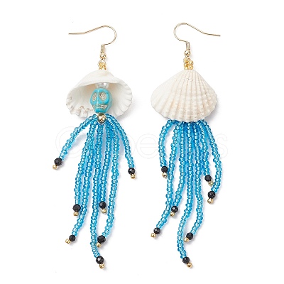304 Stainless Steel Dyed Synthetic Turquoise & Natural Black Onyx & Glass Seed Beaded Dangle Earrings EJEW-MZ00530-03-1